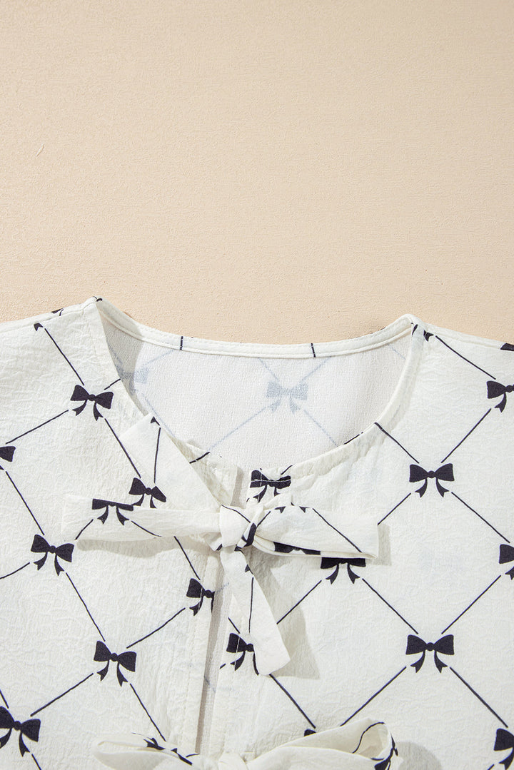 Bowknot Print Front Knots Bubble Sleeve Blouse
