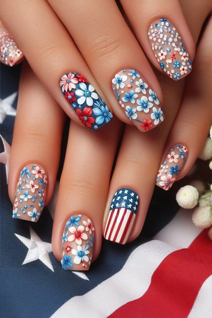 American Flag Flower Print Square False Nails