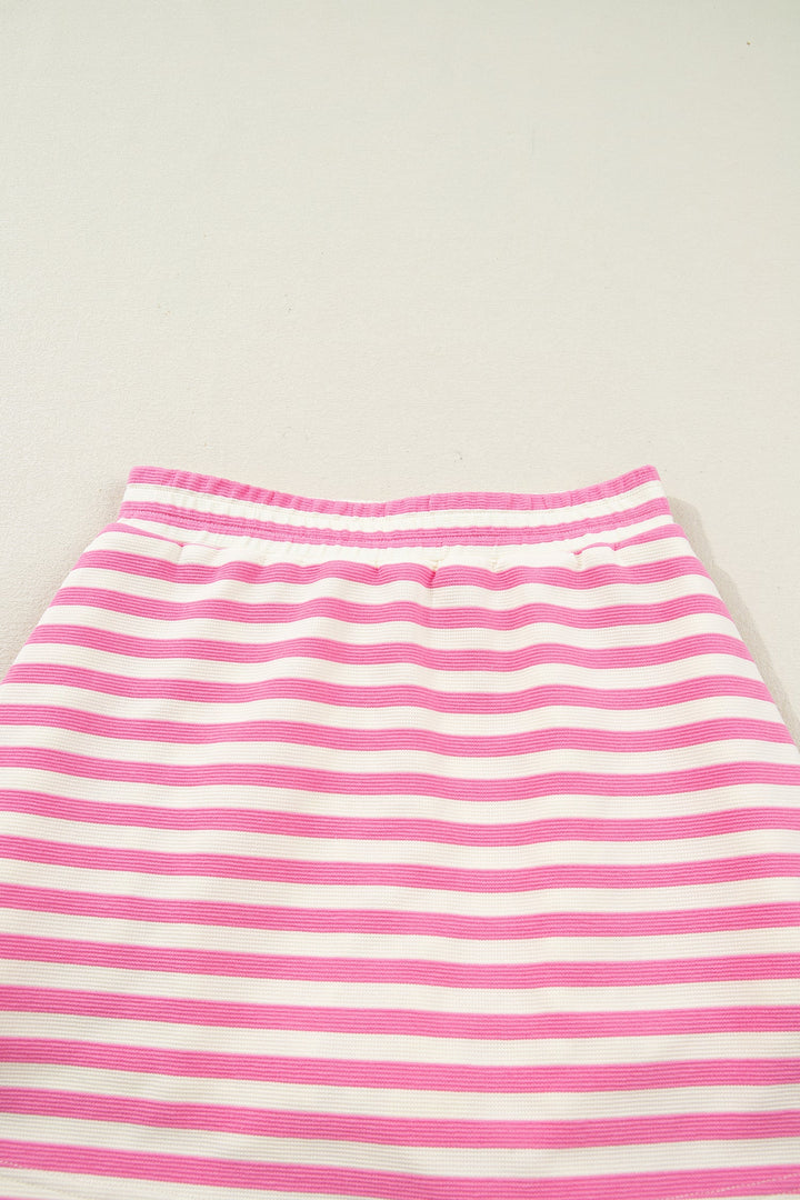 Sachet Pink Textured Stripe Print Contrast Trim Zip Collar Sleeveless 2pcs Skort Set