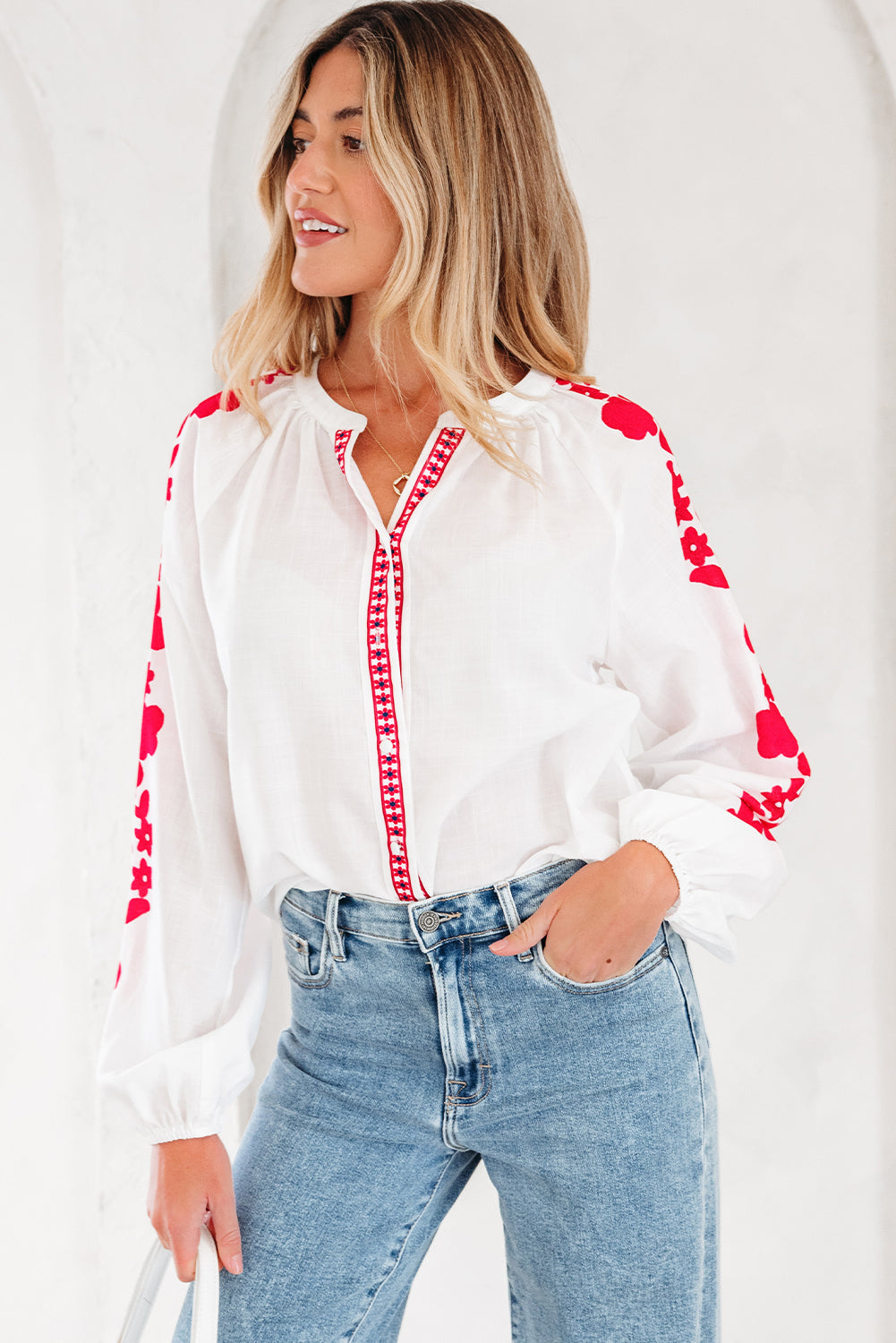 Floral Embroidered Puff Long Sleeve Casual Shirt