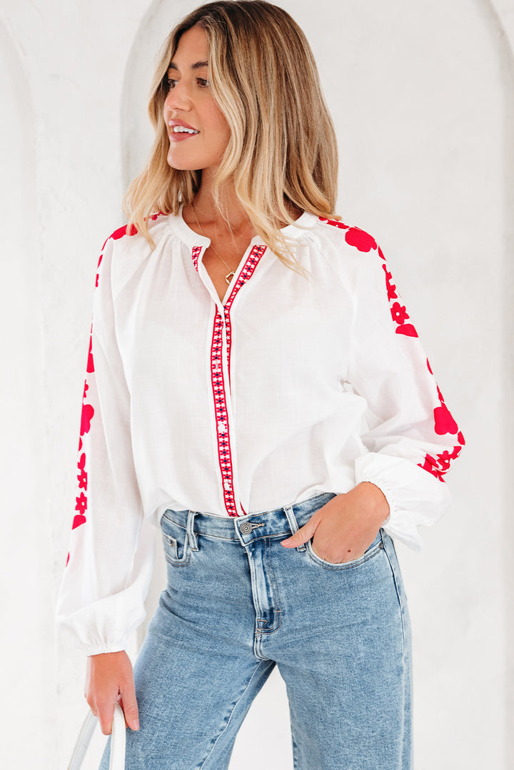 Floral Embroidered Puff Long Sleeve Casual Shirt