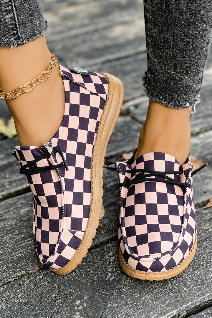Checkered Print PU Leather Lace Up Detail Flat Shoes