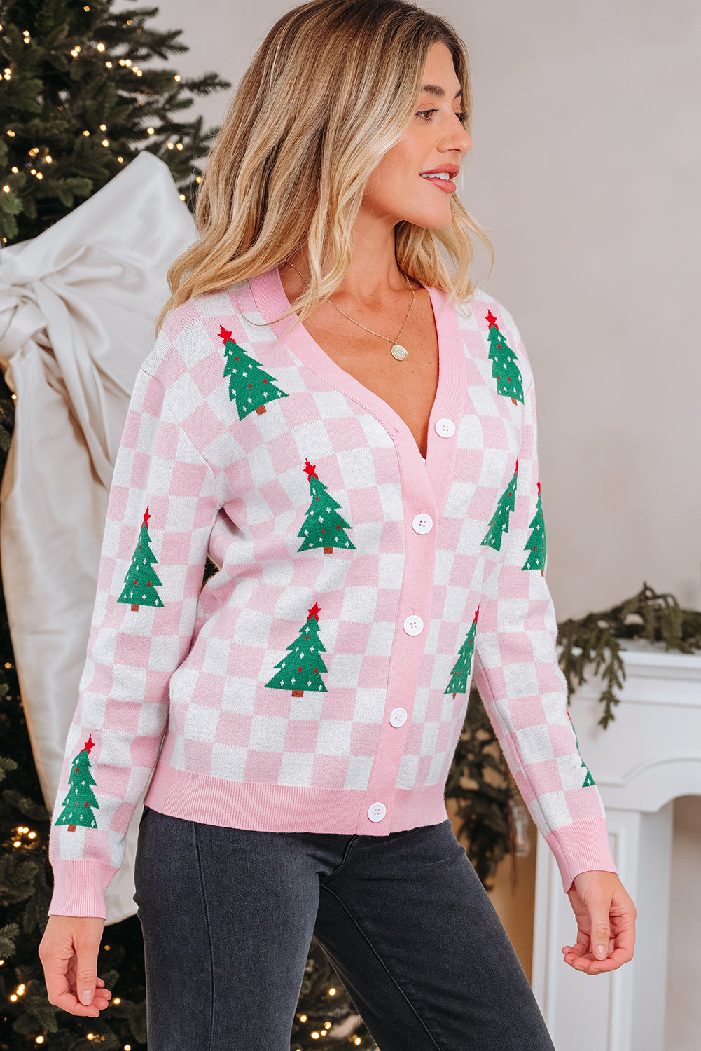 Pink Checkered Christmas Tree Pattern Button Cardigan Sweater