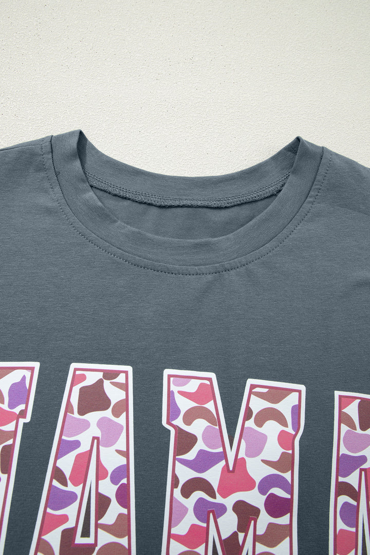 Medium Grey MAMA Letter Graphic Tee Camouflage Print Loose Pant Set