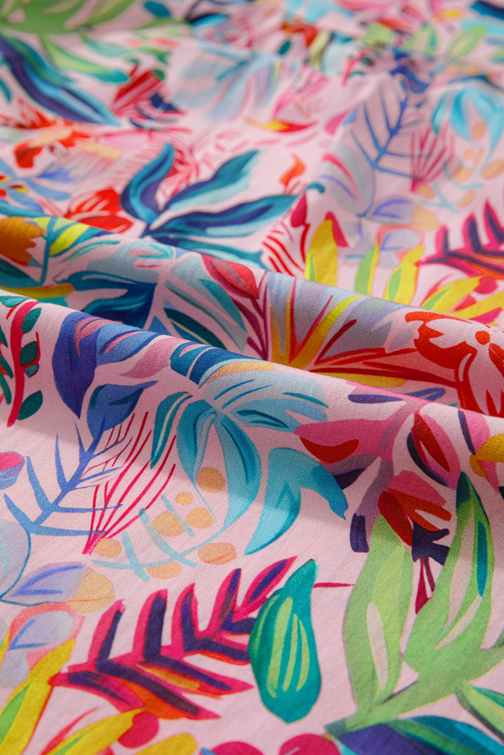 Tropical Floral Print Frilly Notched Neck Ruffled Short Sleeve Blouse