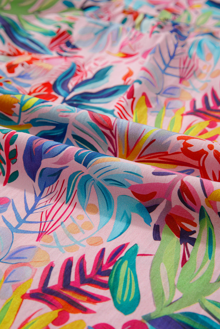 Tropical Floral Print Frilly Notched Neck Ruffled Short Sleeve Blouse