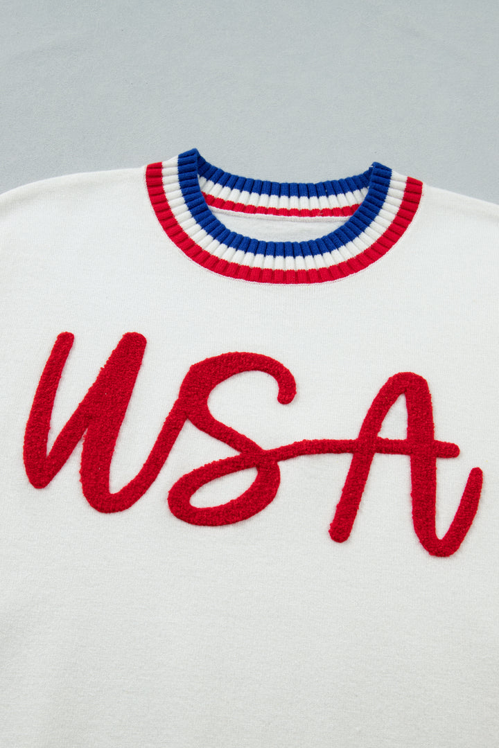White USA Contrast Striped Trim Round Neck Short Sleeve Sweater