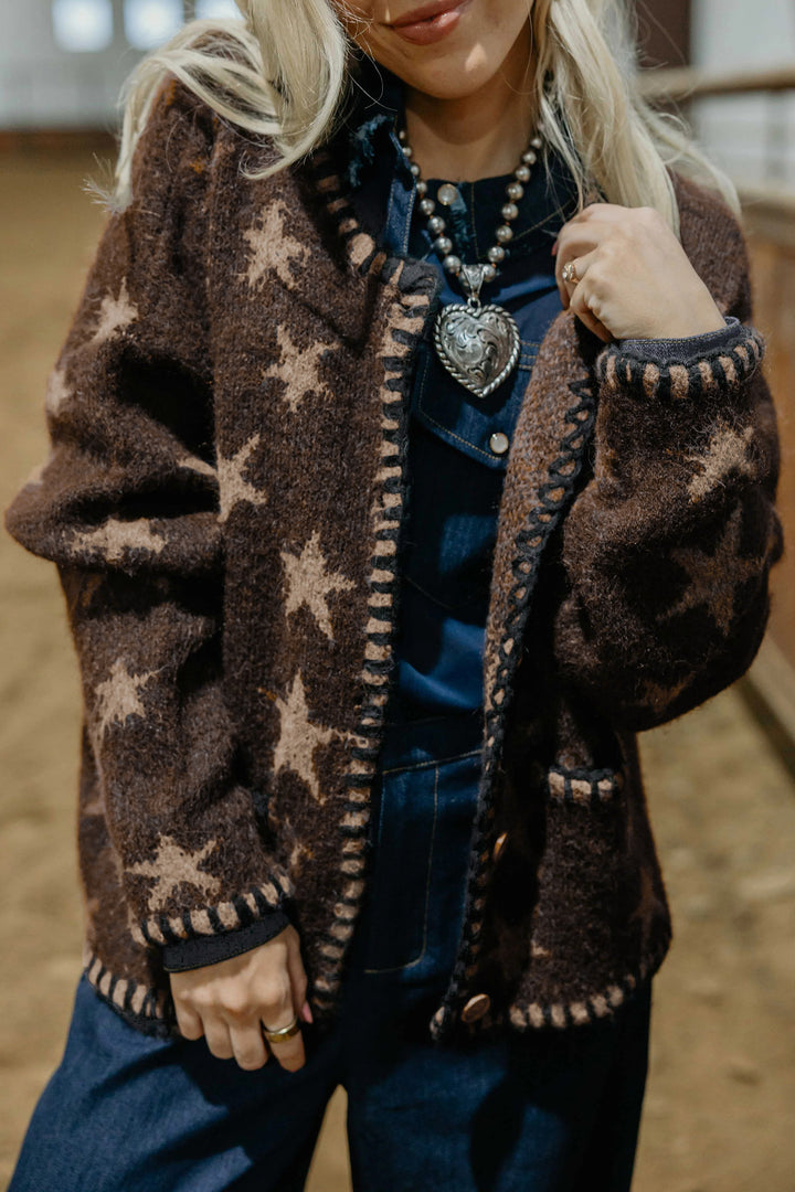 Brown Stars Pattern Colorblock Long Sleeve Shift Wool Cardigan