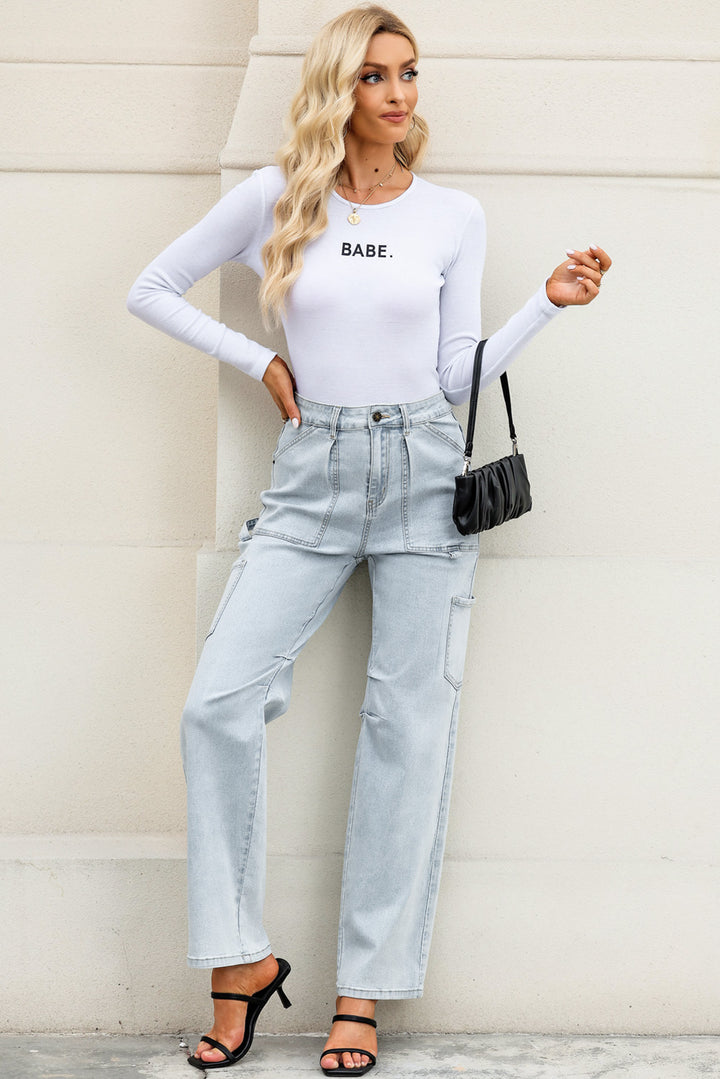 Sky Blue Multi Pocketed Y2K Street Fashion Shift Jeans