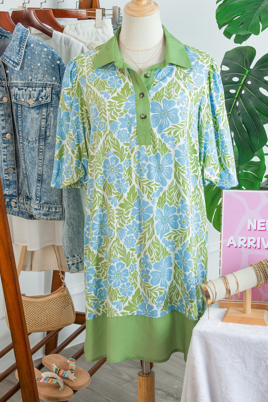 Sky Blue Floral Print Color Block Patchwork Shirt Collar Half Sleeve Mini Dress