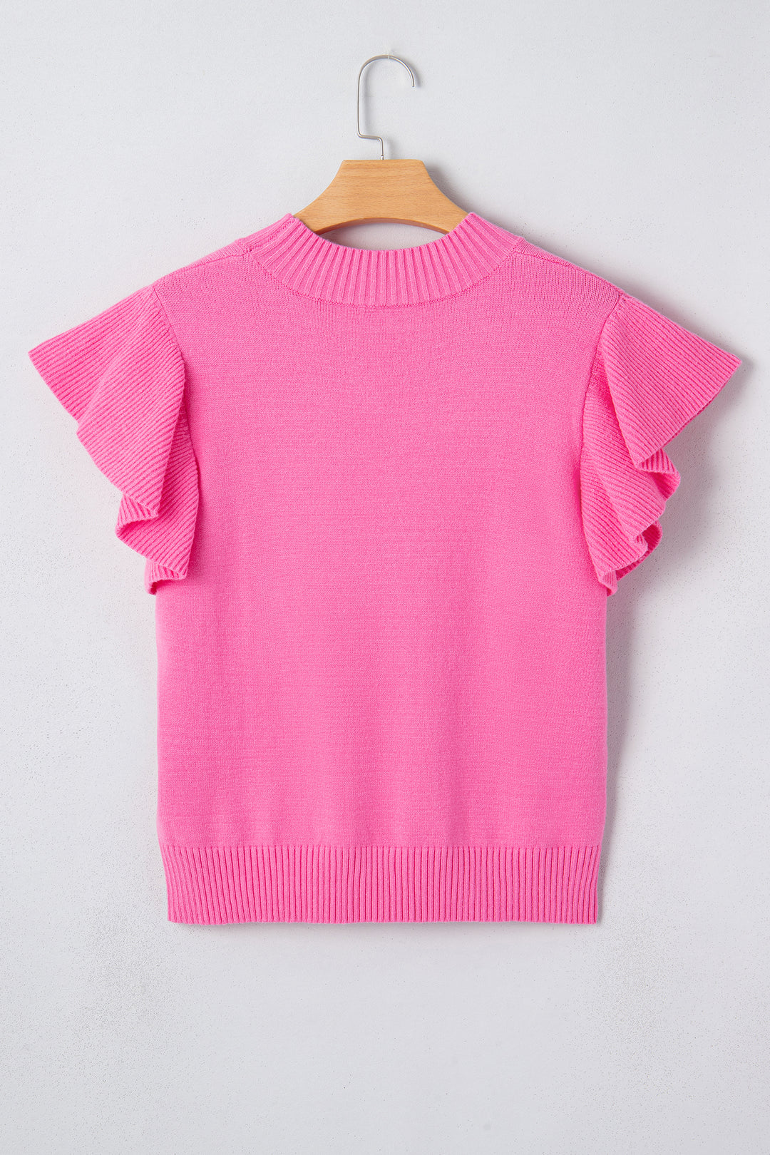 Solid Color Ribbed Trim Round Neck Ruffle Short Sleeve Sweater