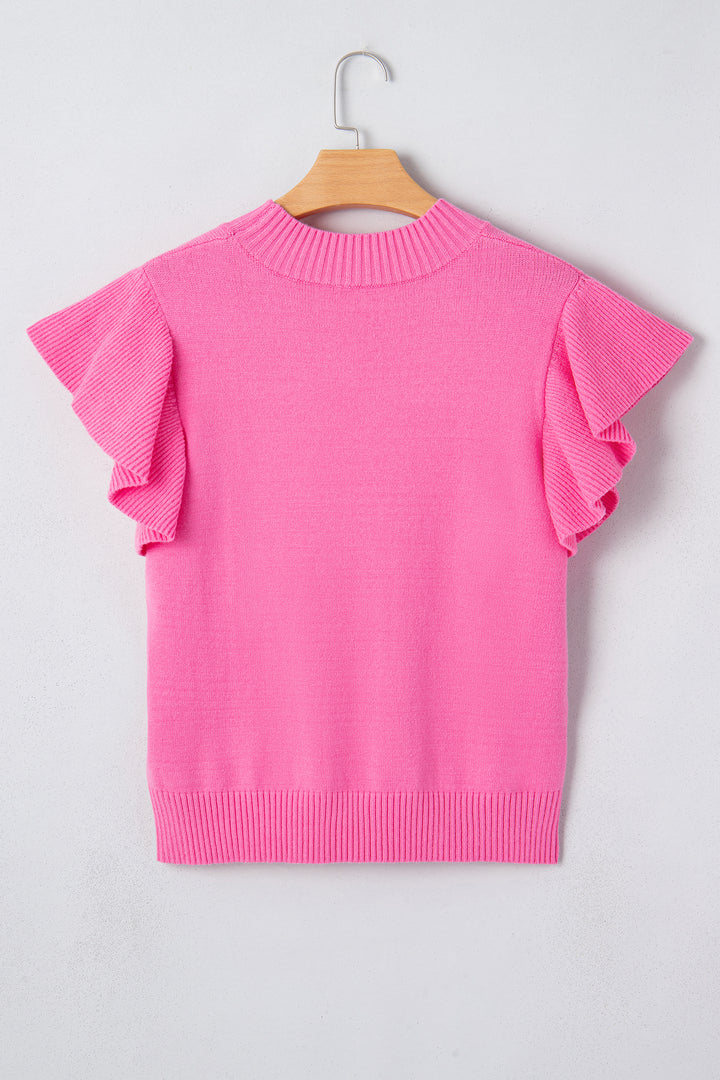 Solid Color Ribbed Trim Round Neck Ruffle Short Sleeve Sweater