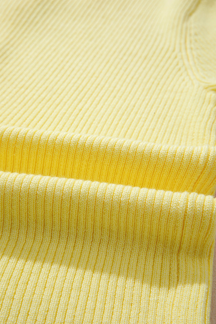 Yellow Cream Ribbed Knit Contrast Frilled Short Sleeve Sweater Cardigan