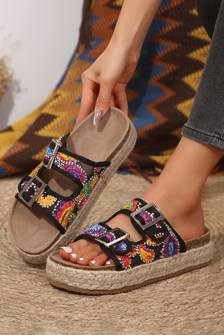 Paisley Print Double-Buckle Wedge Slippers