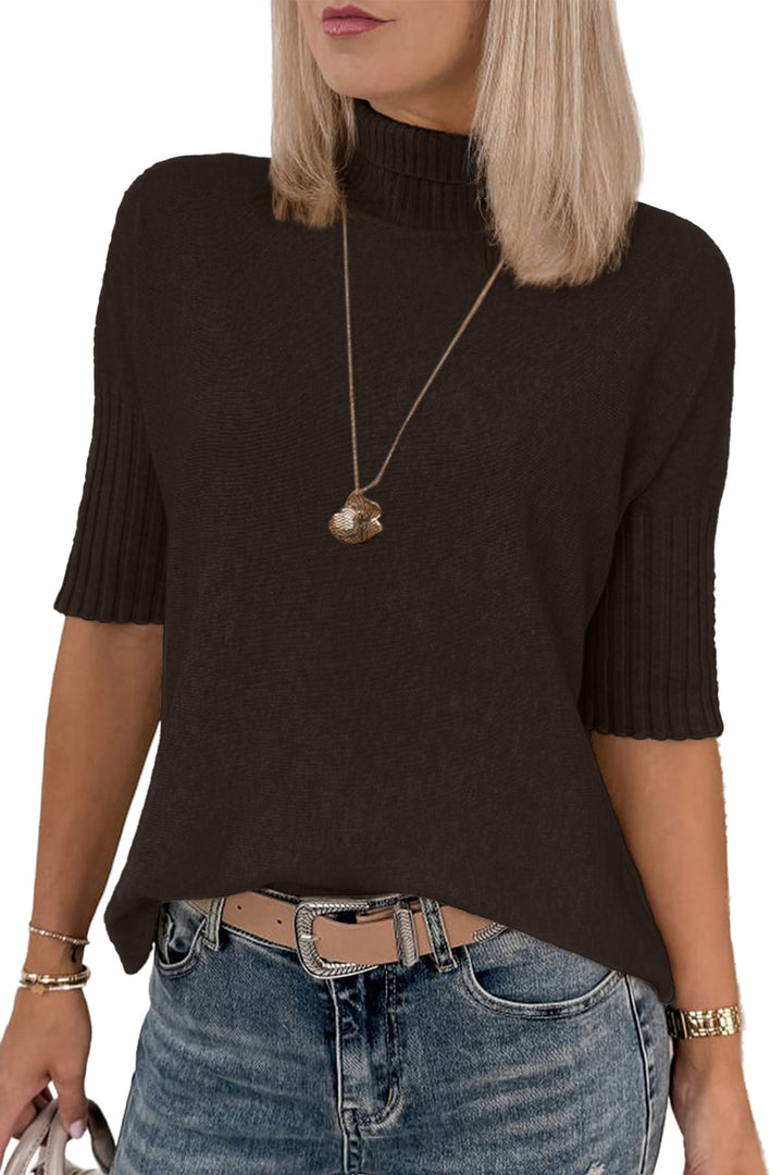 Dark Brown Ribbed Trim High Neck Short Sleeve Casual Sweater