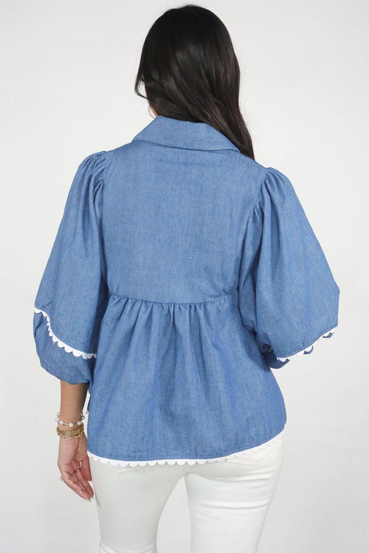 Lace Ric Rac 3/4 Puff Sleeve Collared Babydoll Blouse