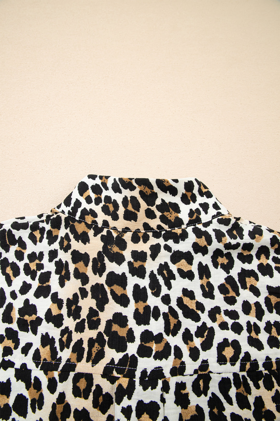 Half Buttons Short Sleeve Loose Leopard Mini Dress with Pockets