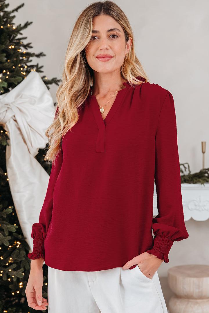 Notched Neck Shirred Cuff Long Sleeve Blouse
