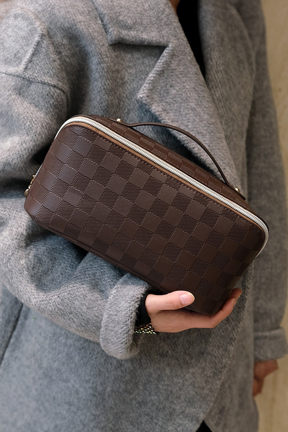 Checkered Zipper Handle PU Leather Travel Makeup Bag