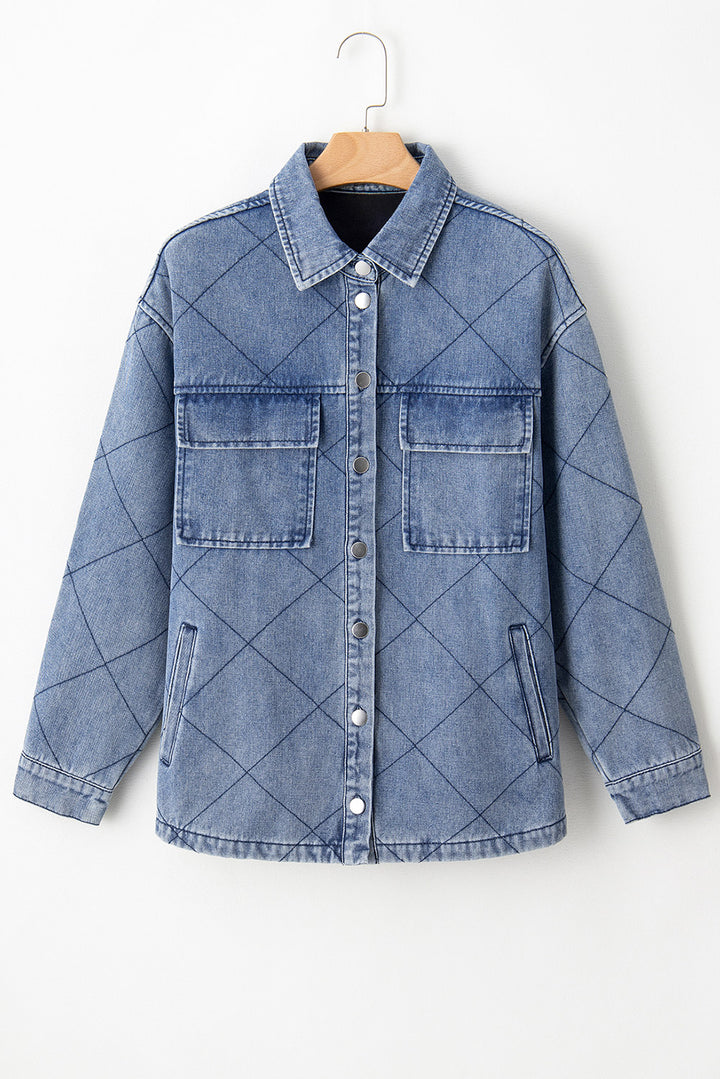 Ashleigh Blue Rhombus Stitched Pattern Button Pocketed Denim Jacket