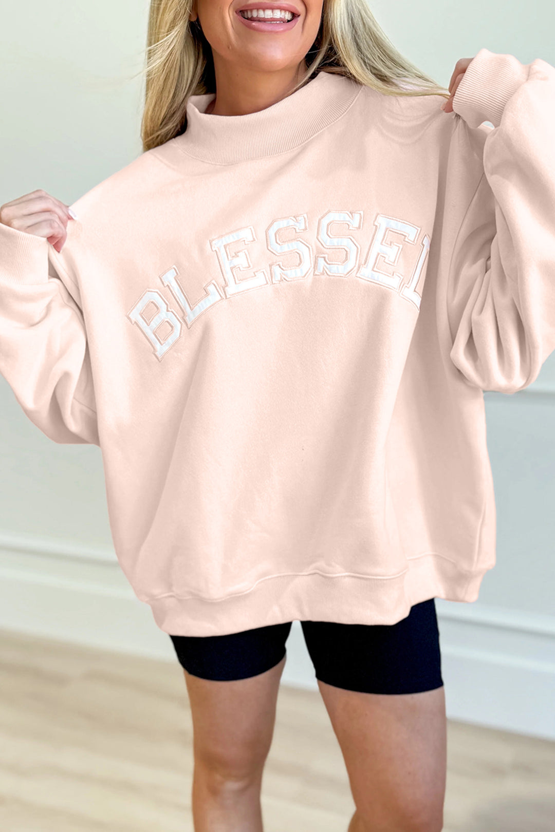 Oversize Blessed Embroidered Mock Neck Sweatshirt