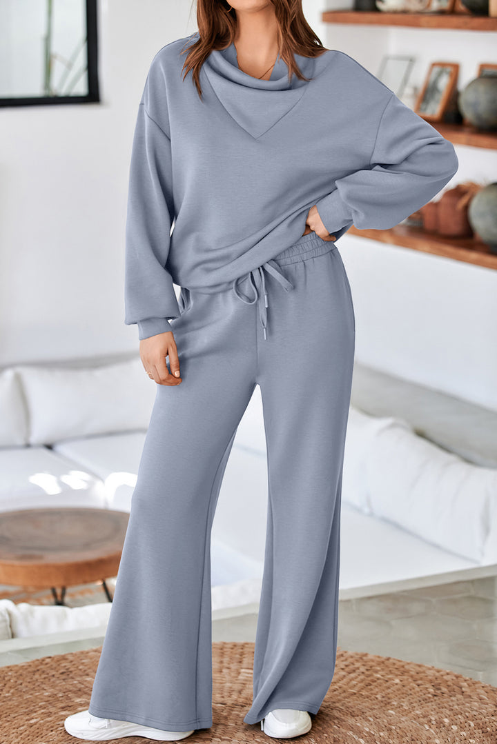 Dusk Blue Cowl Neck Drawstring Pullover Wide Leg Athleisure Pants Set