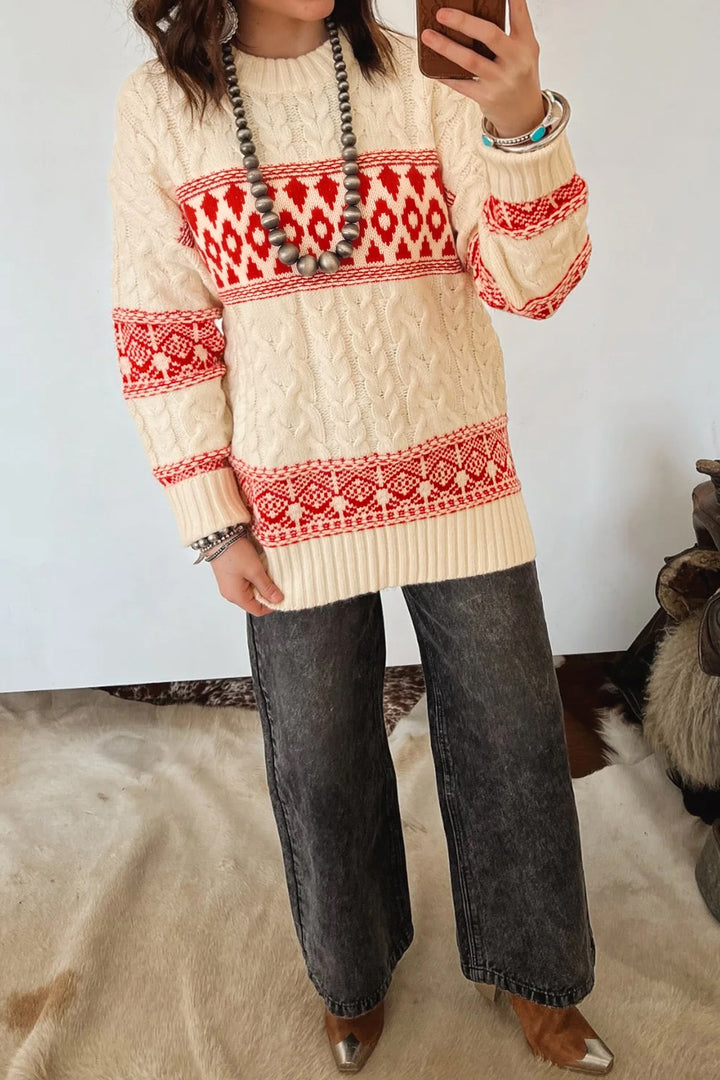 Red Western Print Round Neck Long Sleeve Shift Sweater