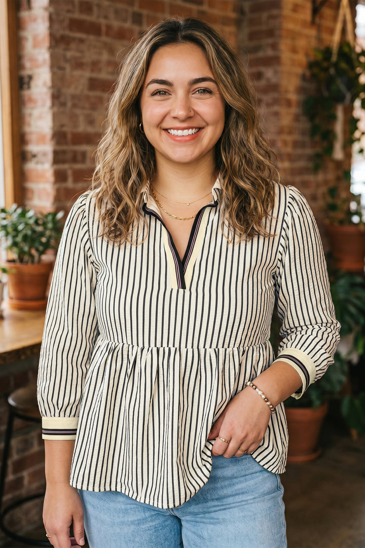 Black Stripe Patchwork V Neck Tunic Plus Size Blouse