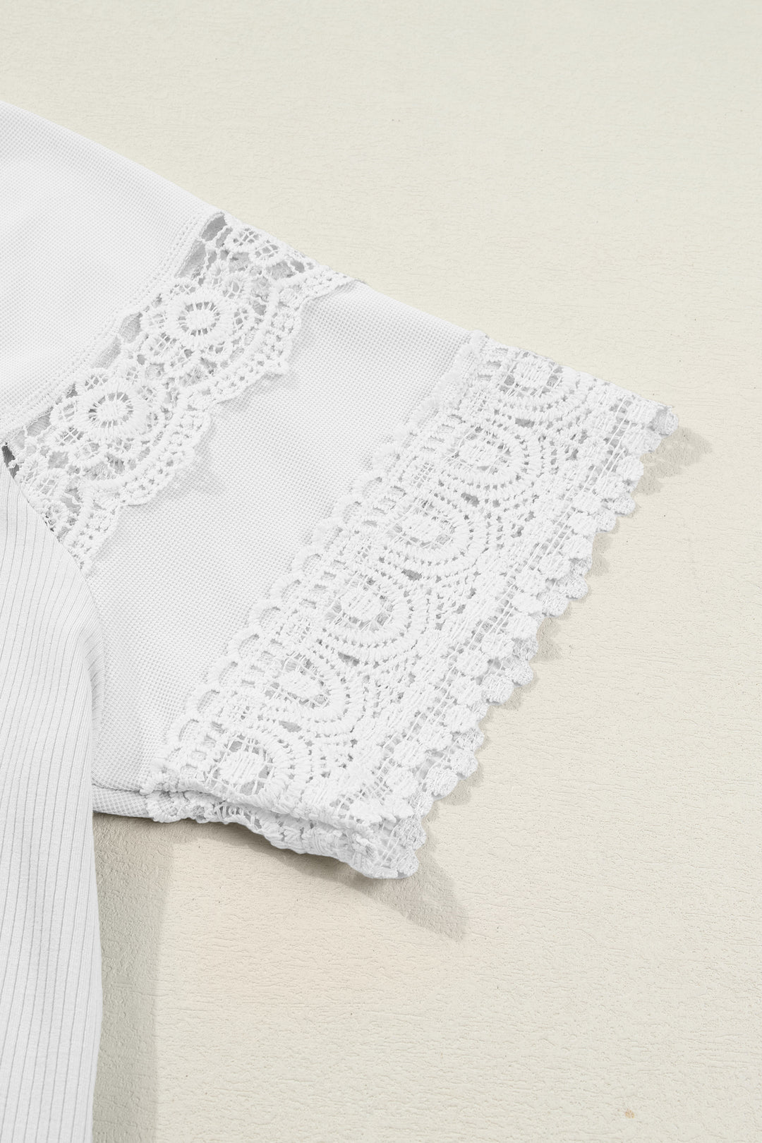 White Ribbed Lace Patchwork Short Sleeve Top