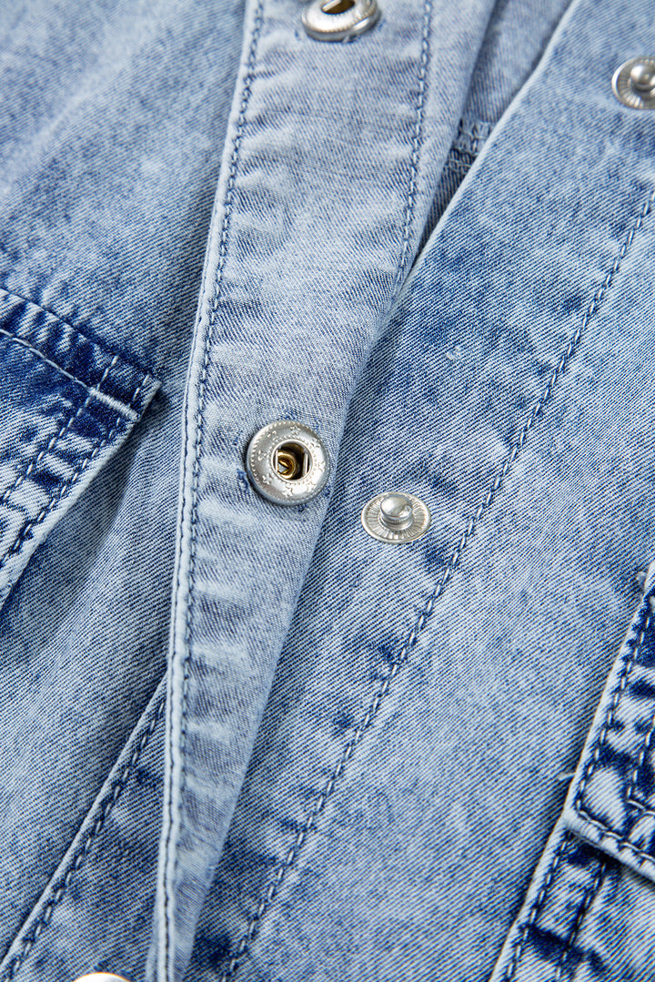 Chest Pocket Raw Hem Denim Loose Shirt Dress