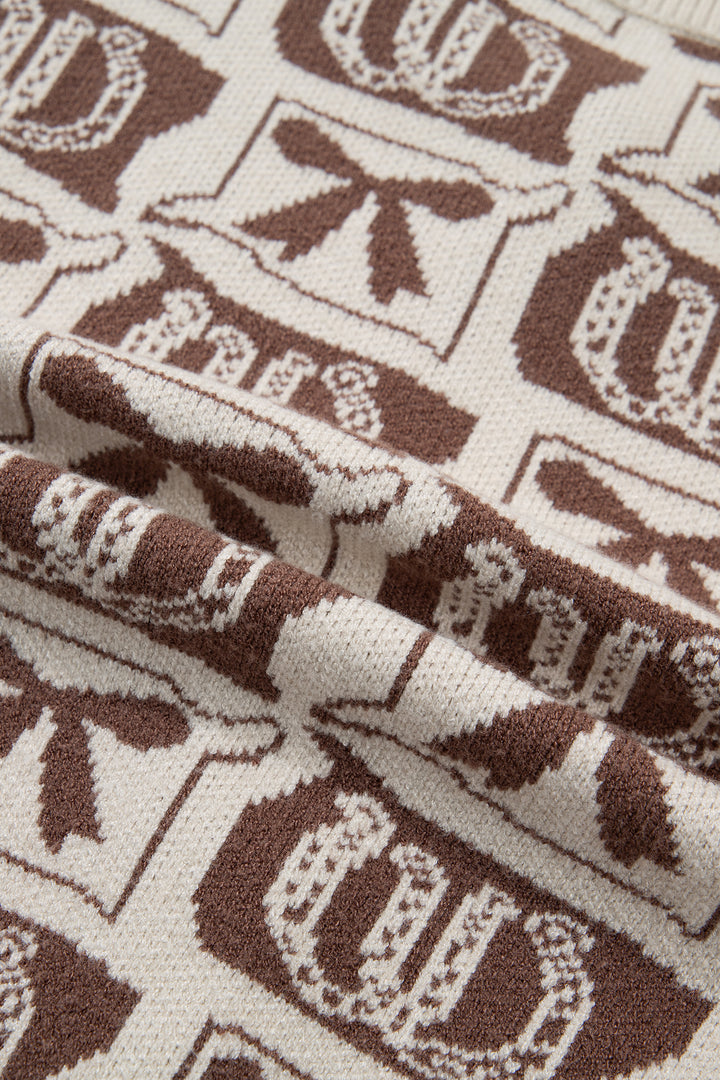 Brown Western Horseshoe Bow Pattern Sleeveless Knit Sweater