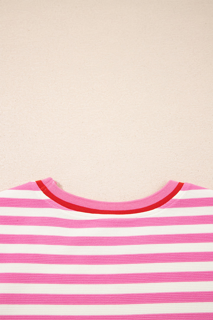 Pink Stripe Contrast Trim Short Sleeve Top Loose Shorts 2pcs Casual Outfit