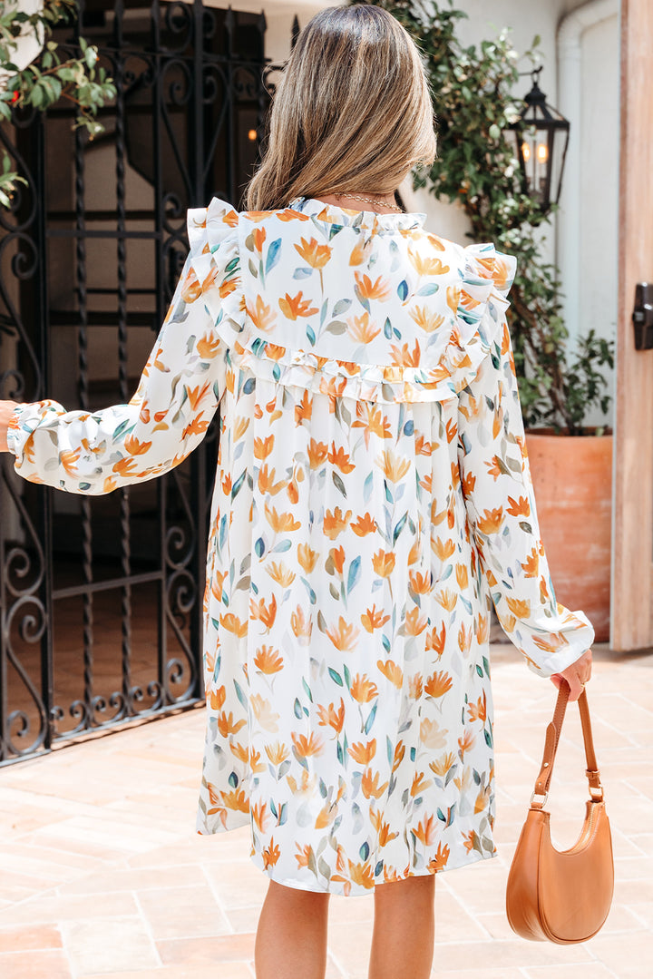 Floral Print Tie Neck Frilled Detail Long Sleeve Mini Dress