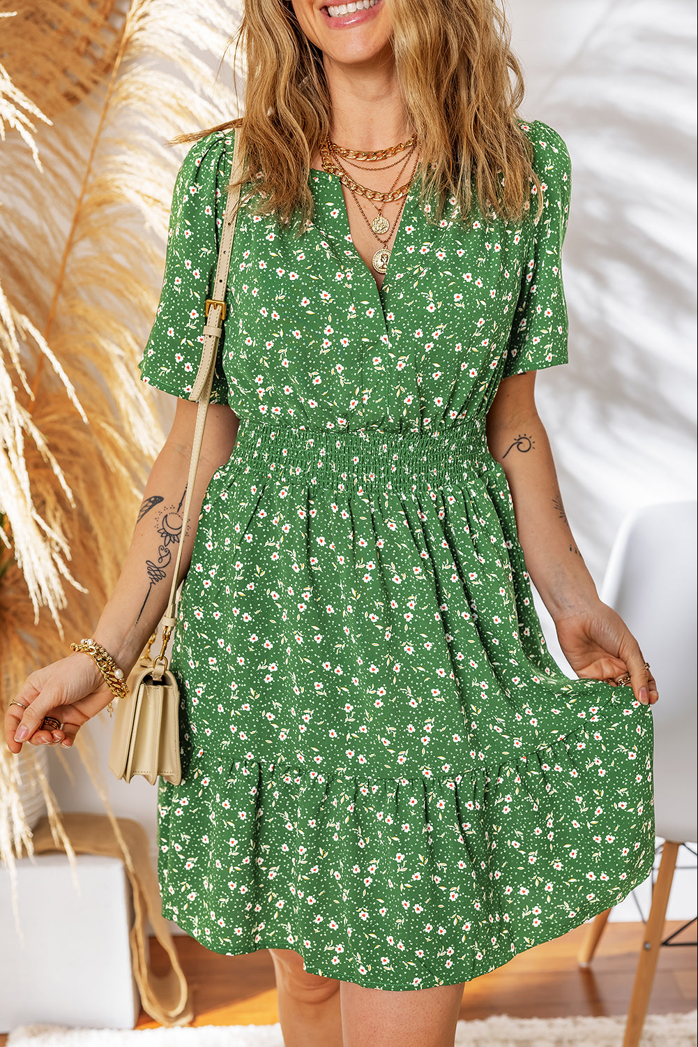 Floral Print Wrap V Neck Short Sleeve High Waistband Mini Dress