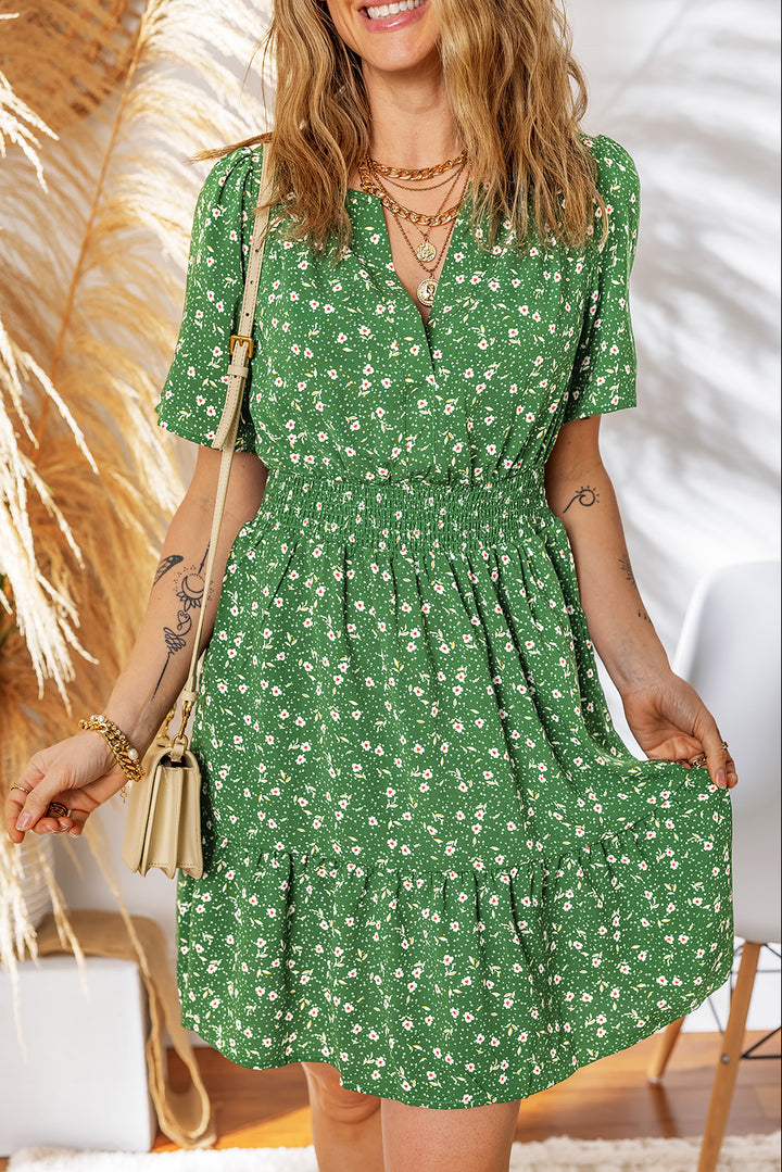 Floral Print Wrap V Neck Short Sleeve High Waistband Mini Dress