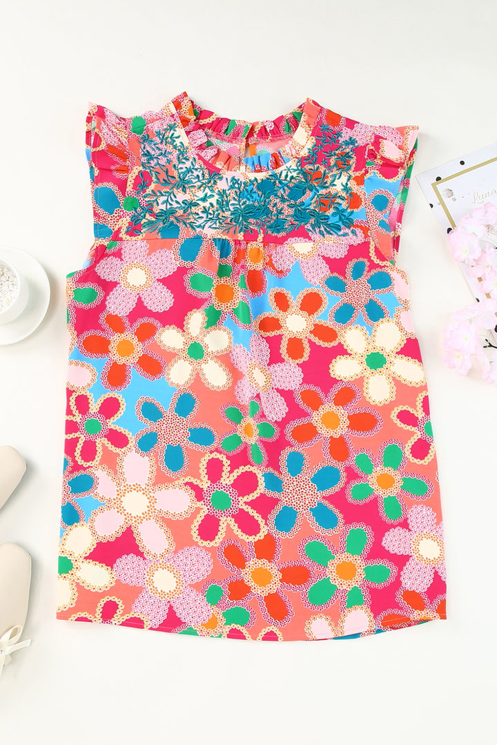 Embroidered Detail Floral Print Ruffle Trim Tank Top