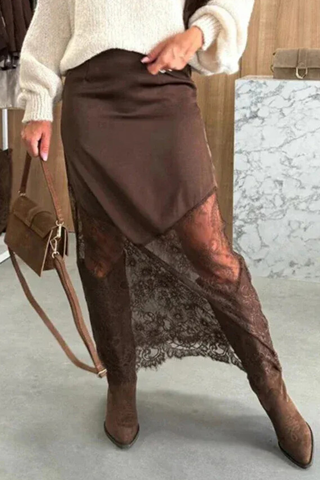 Casual Dark Brown Lace Patchwork Hem Shift Long Skirt
