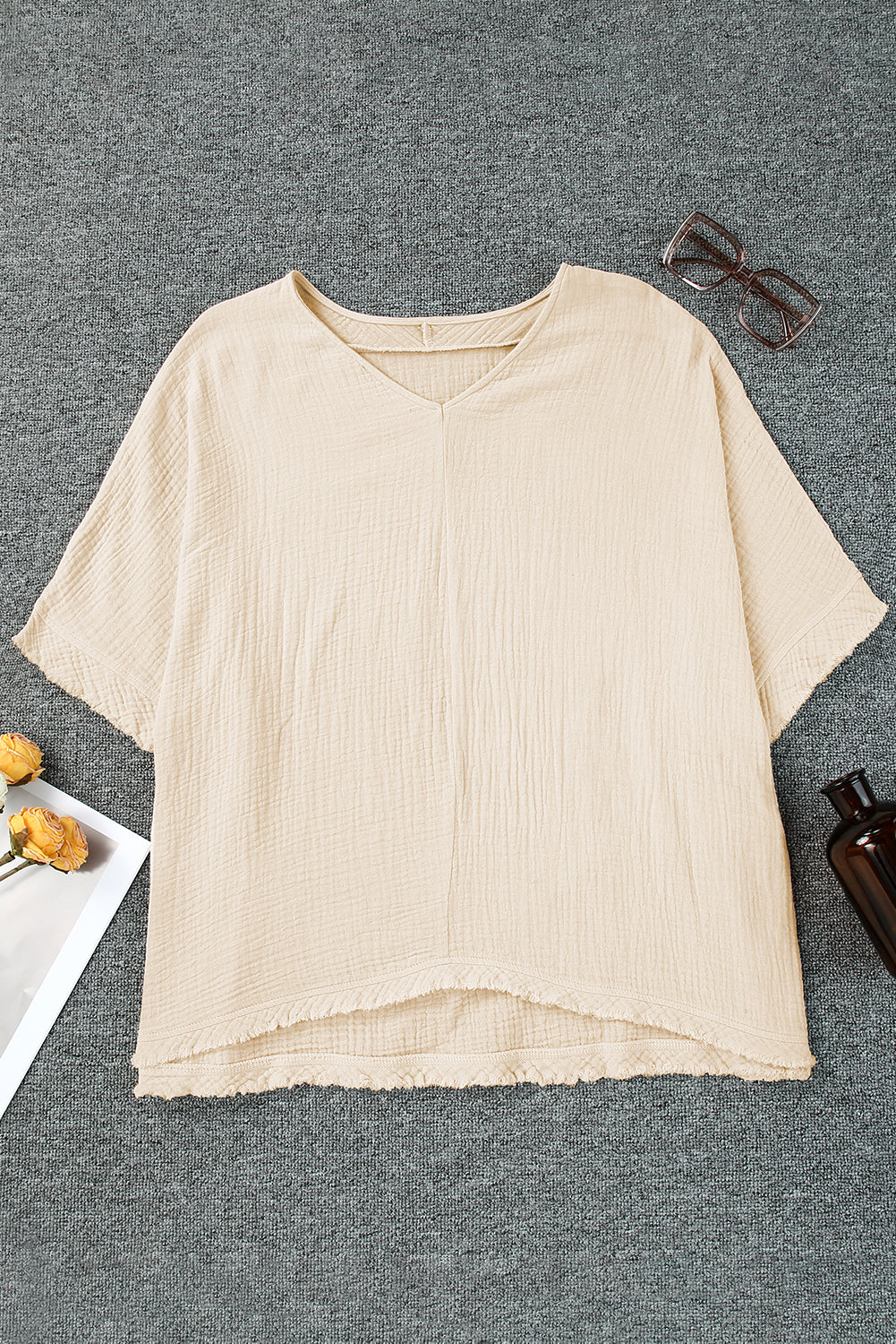 Apricot Frayed Batwing Sleeve Textured Cotton Blouse