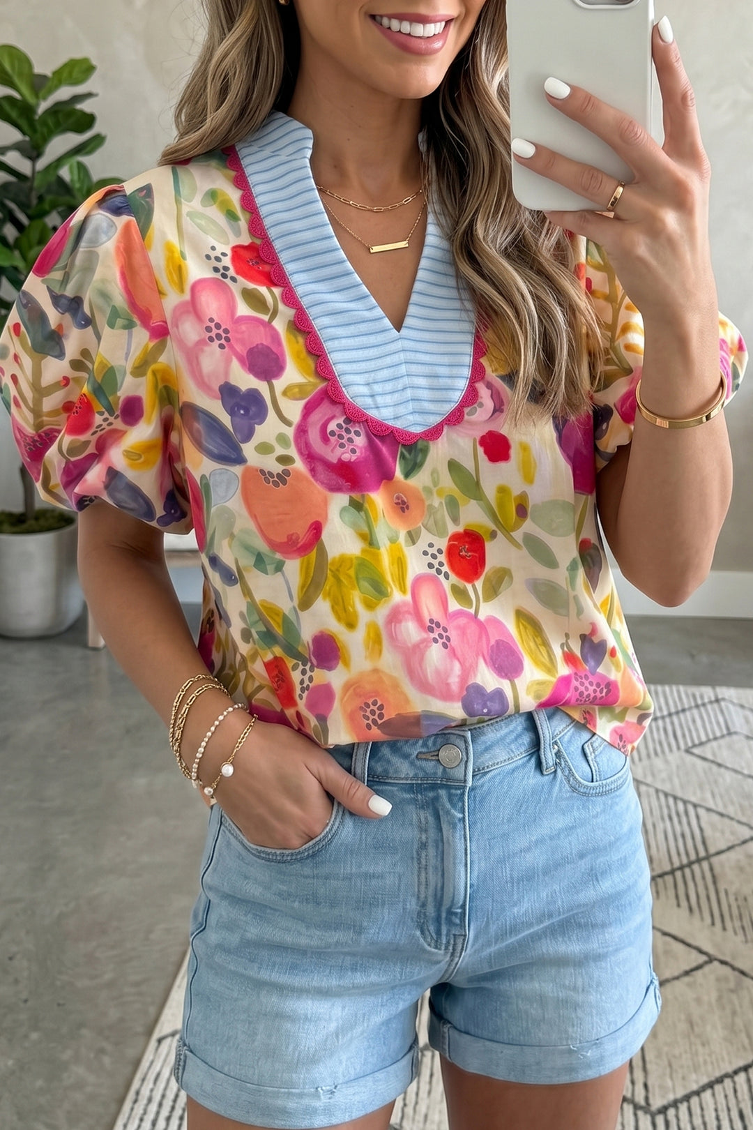 Rose Floral Print Short Puff Sleeve Cotton Blouse