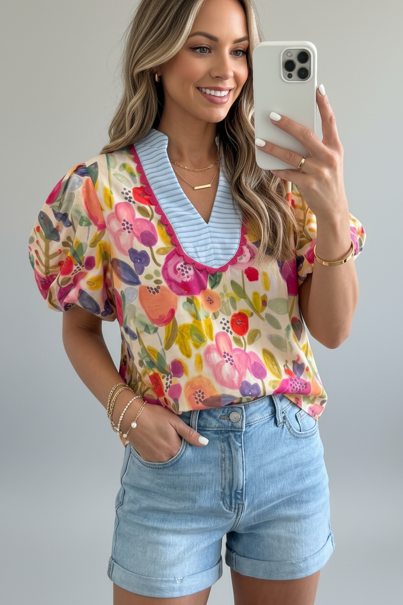 Rose Floral Print Short Puff Sleeve Cotton Blouse