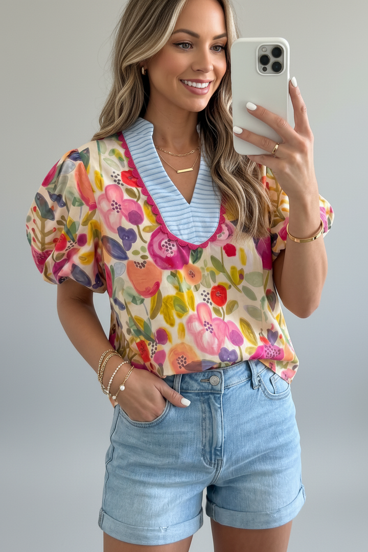 Rose Floral Print Short Puff Sleeve Cotton Blouse