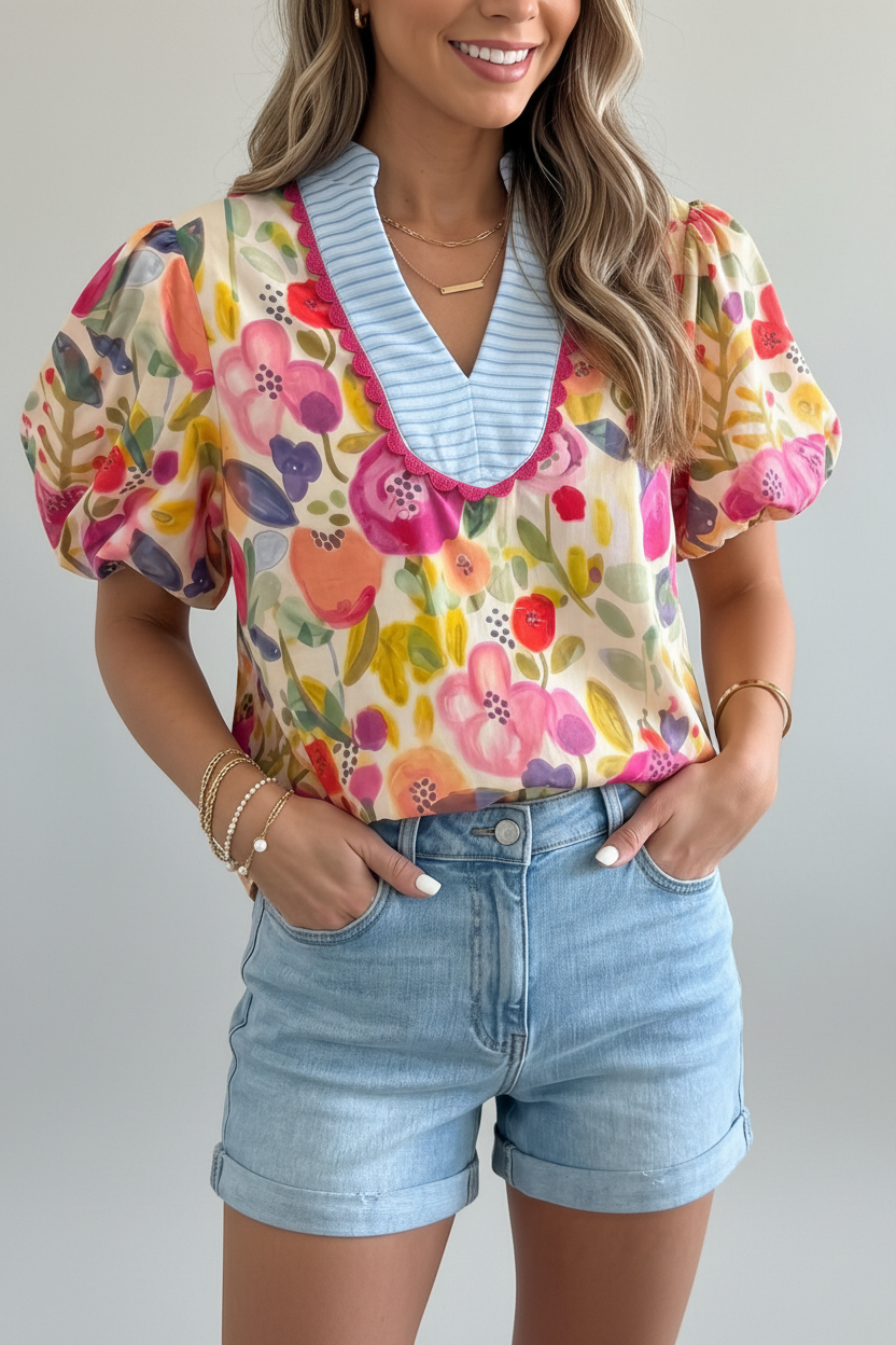 Rose Floral Print Short Puff Sleeve Cotton Blouse