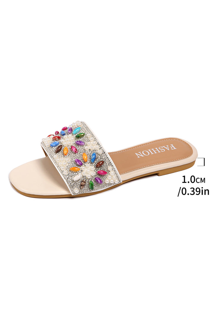 Rhinestone Pearl Decoration Square Head Beach Slippers