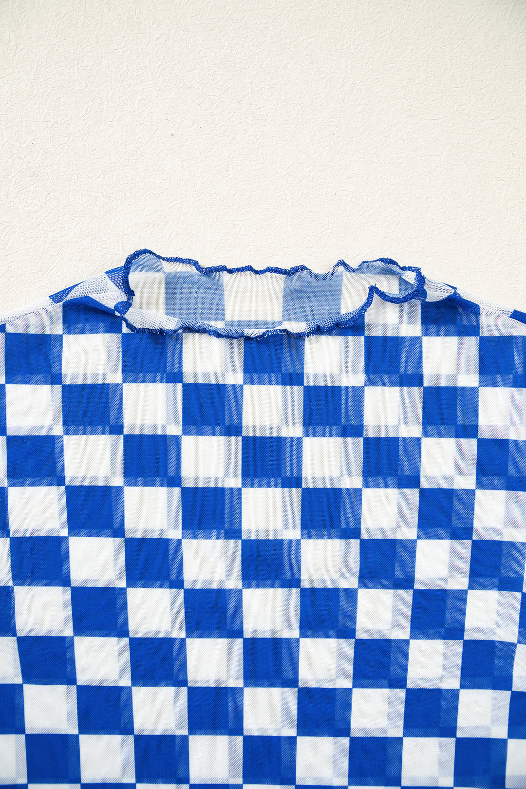 Dark Blue Plaid Mesh Sheer Long Sleeve Top