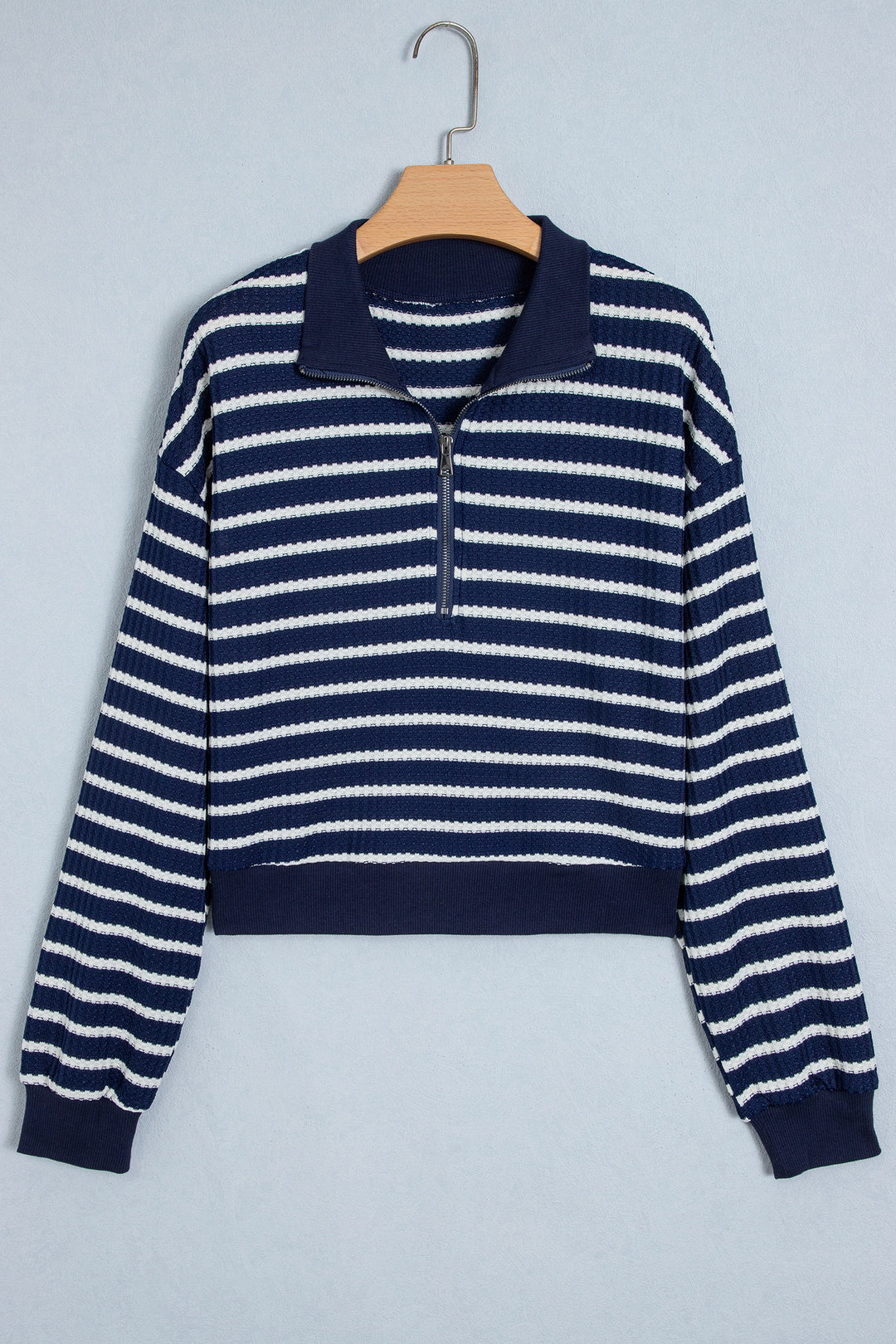Blue Stripe Textured Knit Half Zip Collared Long Sleeve Top