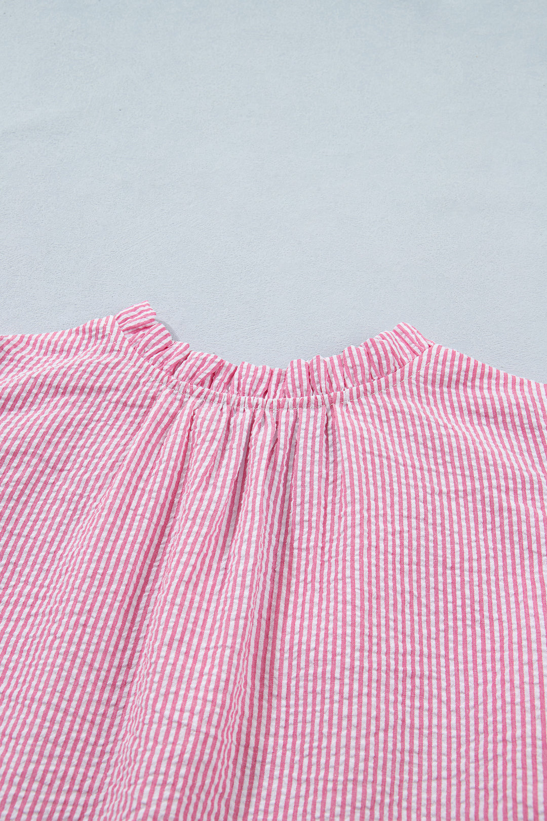 Rose Stripe Short Bubble Sleeve Split V Neck Blouse