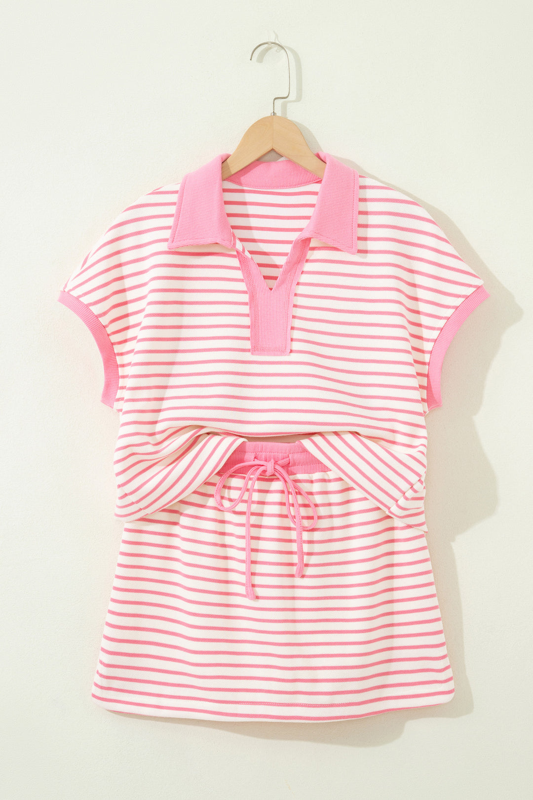 Pink Stripe Polo Tee Drawstring Elastic Waist 2pcs Skort Set