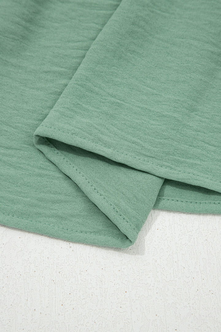 Smoke Green Color Block Patchwork V Neck Embroidered Puff Sleeve Babydoll Blouse