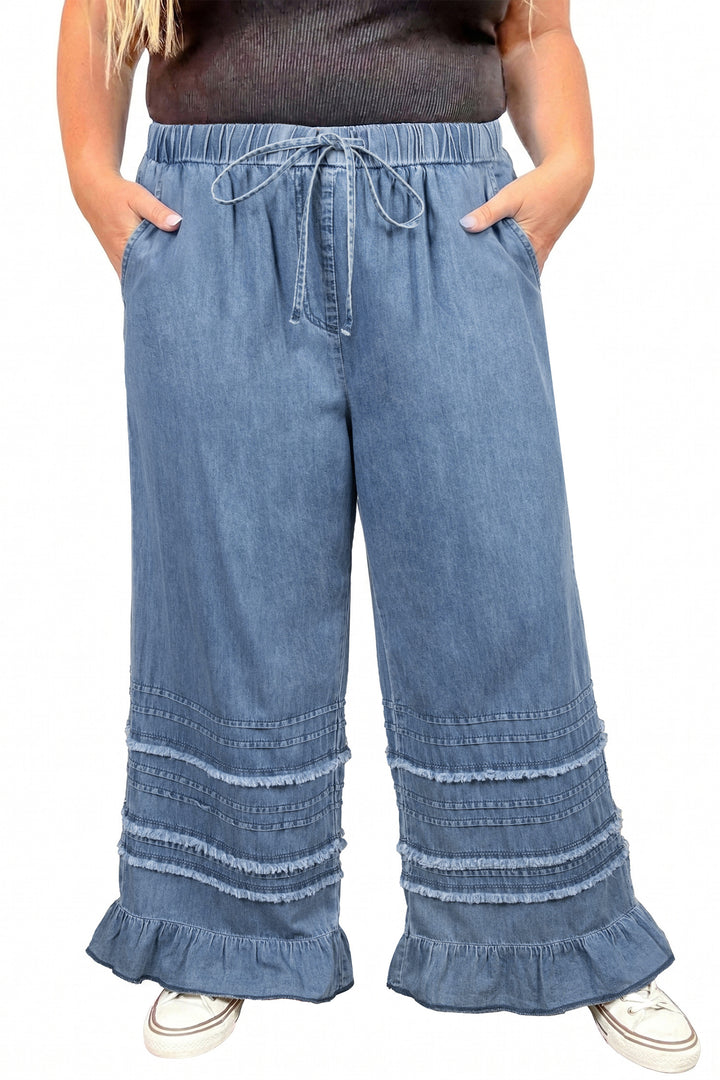 Dusk Blue Ruffled Plus Size Wide Leg Denim Pants