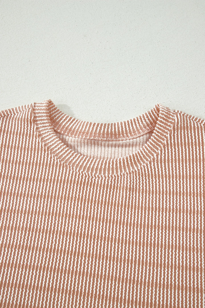 Khaki Stripe Raised Rib Loose Tee Drawstring Elastic Waist 2pcs Short Set